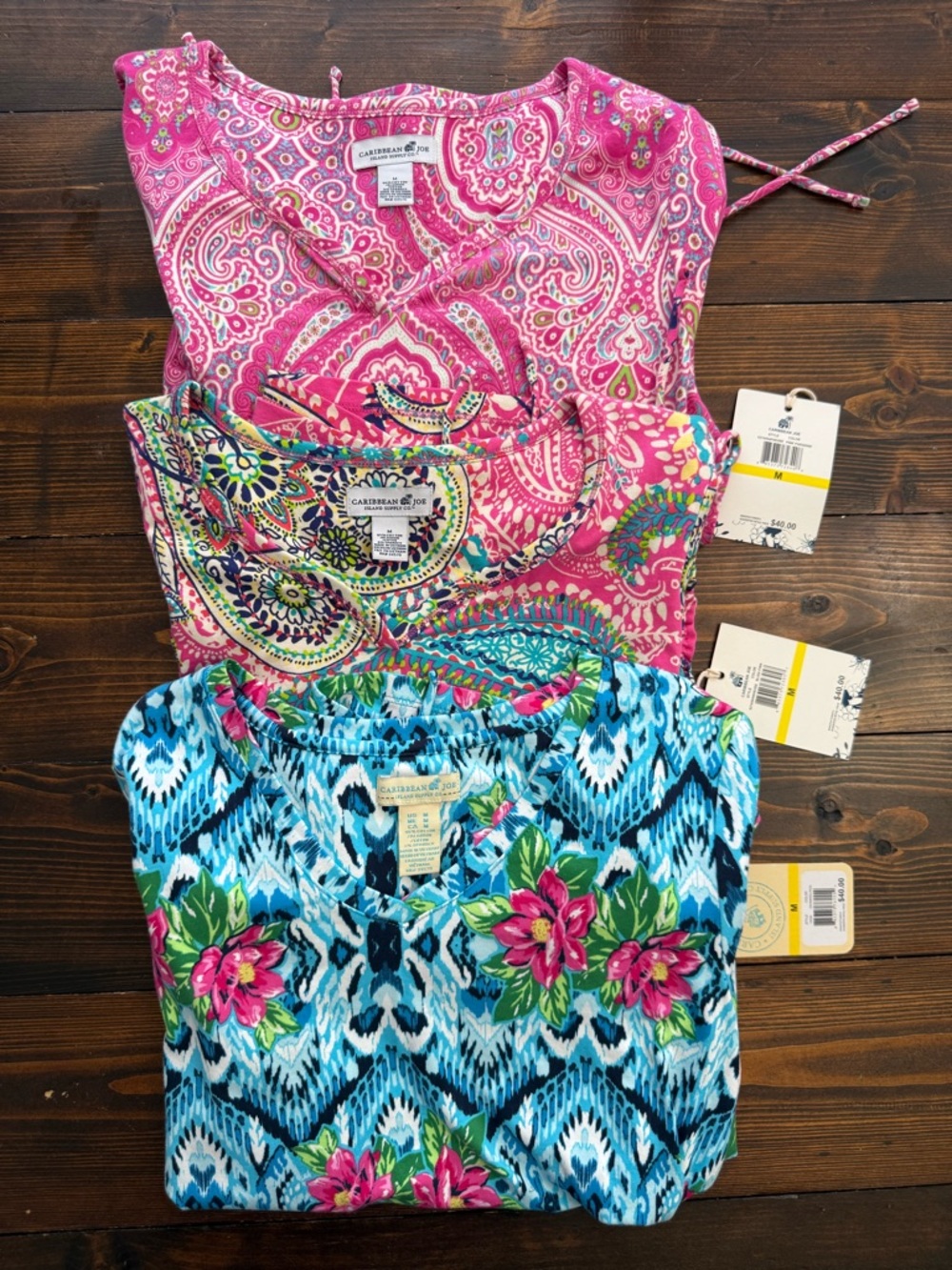 Caribbean Joe Lot of 3 Mixed Print Knit Tops - Pink, Multi, Blue NWT Medium sz M